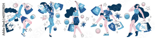 Set with 5 compositions on discounts and sales theme. Happy woman dancing with shopping in her hands. Good deal. Vector illustration isolated on white background.
