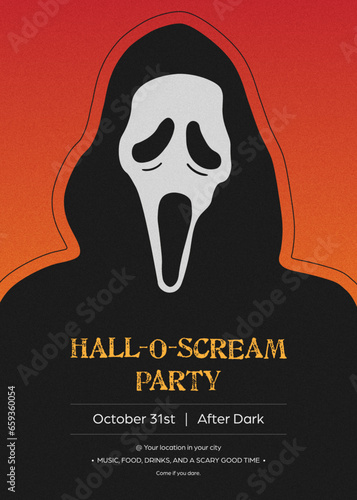 Halloween party invitation, flyer, poster, with scary, screaming ghost face in flat, minimalistic style. Replaceable text.