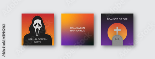 Set of Halloween social media templates in square format for posts, covers, ads. Scary screaming ghost face, gradient, and tombstone.