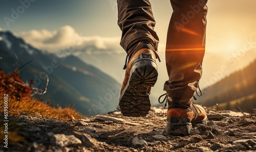 Close up photo of hiker boots on mountains during hiking. photo