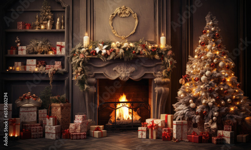 Christmas tree in the living room, a bunch of Christmas presents, a fire in the fireplace. Magic moment © Filip
