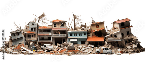 Earthquake Aftermath with Buildings Debris Isolated on Transparent or White Background, PNG photo
