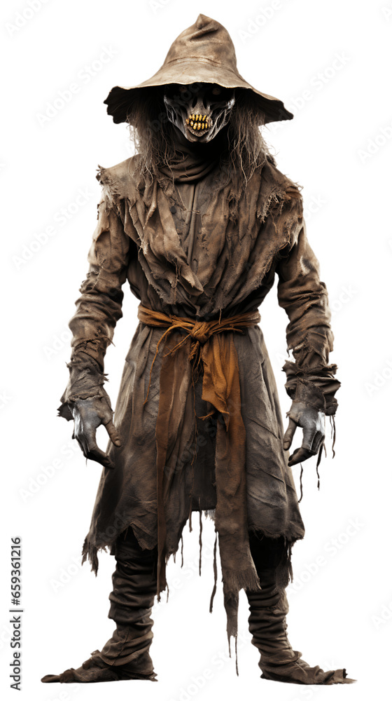 Spooky Scarecrow Standing Still Isolated on Transparent or White Background, PNG