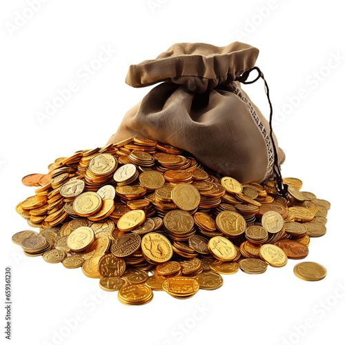 Treasure of Golden Coins in Sack Isolated on Transparent or White Background, PNG