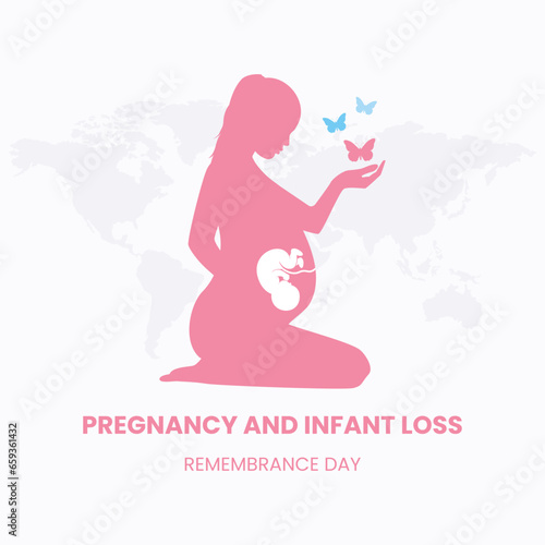 Vector Graphic of National Pregnancy and Infant Loss Remembrance Day. Pregnant woman with pink and blue butterflies