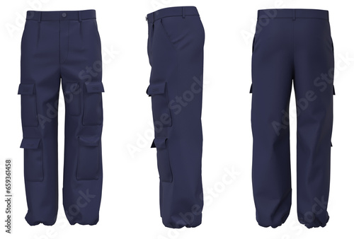 Men's cargo pants isolated. Mockup of plain navy blue cargo. Pants for daily activities cargo, menswear. Modern fashion