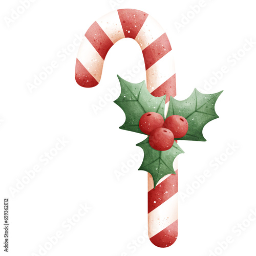 Watercolor Christmas Candy Cane with Holly Berry Illustration Isolated on Transparent Background