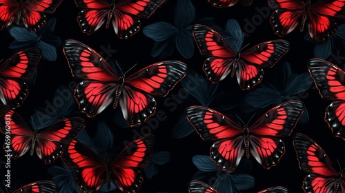 Exotic tropical butterflies papilio rumanzovia memnon seamless pattern on black background, red black strange insect texture, colorful background, nature concept photo