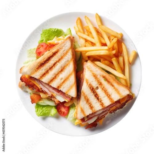 Club Sandwich with Fries on a White Plate on Transparent Background.