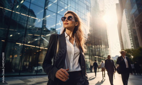 Successful businesswoman walking down the business centrum, reflective skyscrapers around. © Filip
