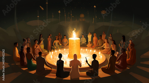 a serene visual of people from different cultures joining hands in a circle around a candlelit shrine to honor a spiritual leader's memory, reflecting on unity, spirituality, and shared values photo