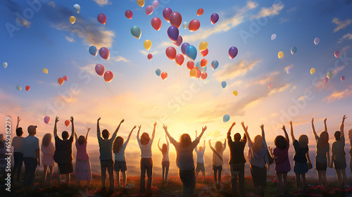  a heartfelt image of a diverse group of friends gathering to commemorate a cherished friend's memory by releasing balloons into the sky, a symbol of celebration, love, and remembrance
