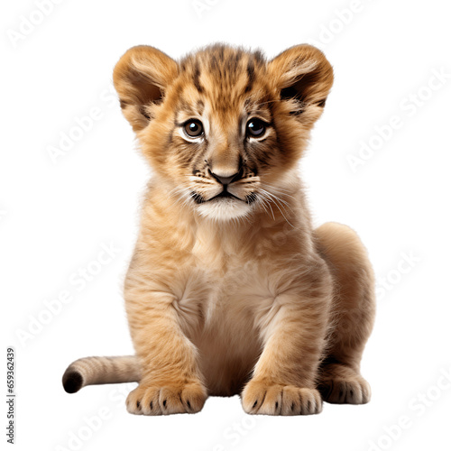 Adorable Lion Cub Sitting Isolated on Transparent or White Background  PNG