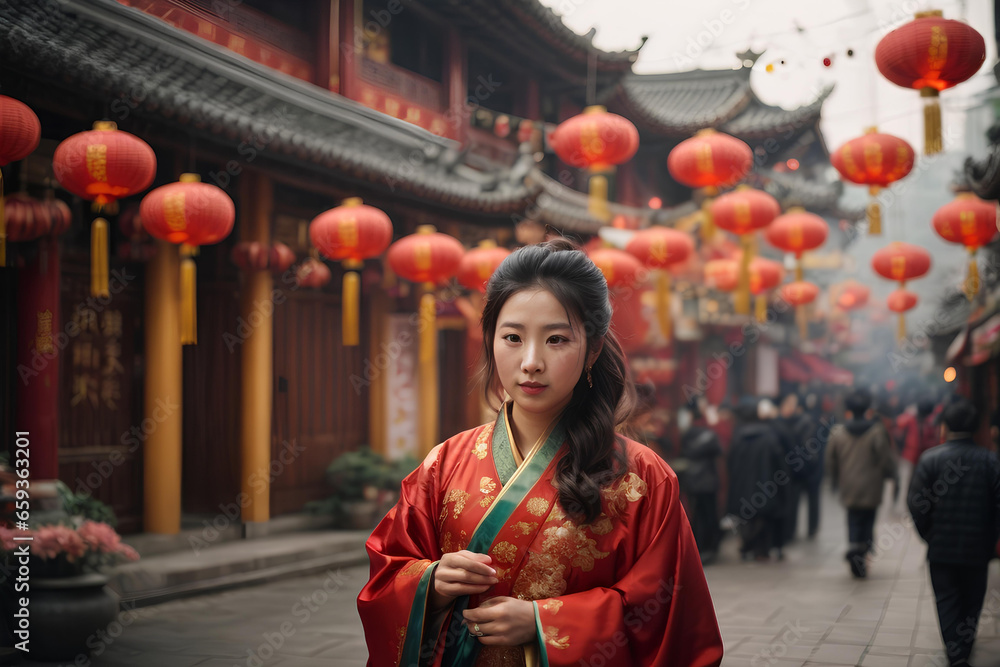 Beautiful asian woman in traditional Chinese costume with red lanterns in the street