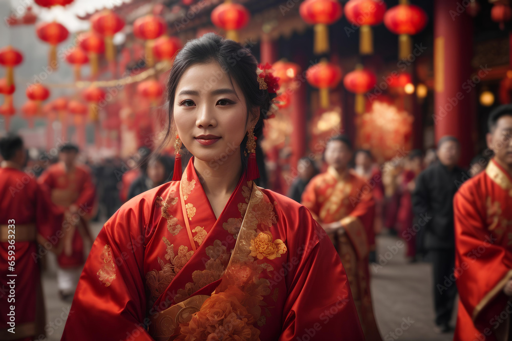 Beautiful asian woman in traditional Chinese costume with red lanterns in the street