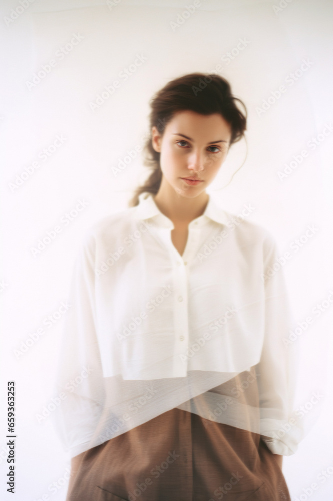 Model in casual oversized cotton blouse with hands in pockets.