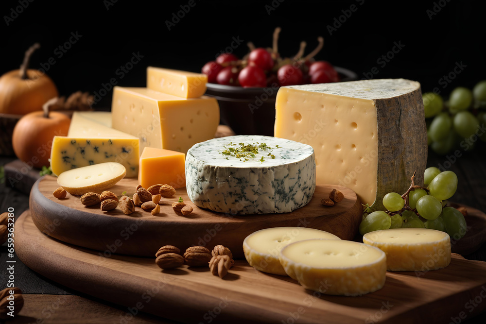 Cheese collection, various types of cheese on wooden board. Commercial promotional food photo