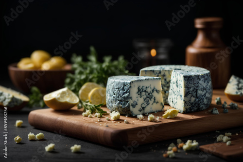 Blue cheese with herbs on a wooden cutting board on black background. Commercial promotional food photo