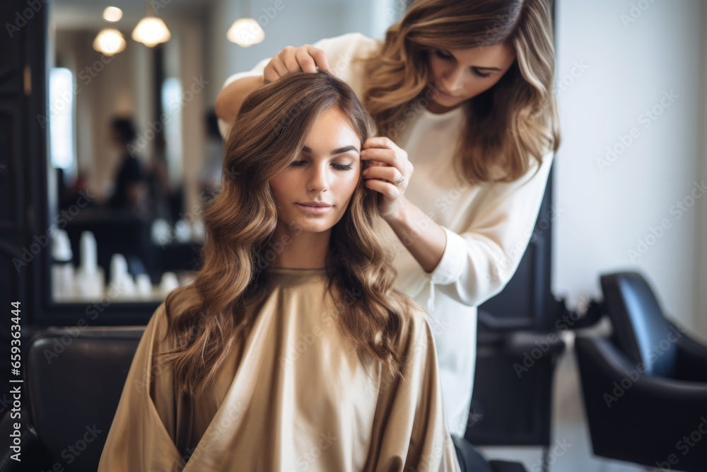 A woman is pictured getting her hair styled at a salon. This image can be used to showcase professional hair care services. A woman is pictured getting her hair styled at a salon. This image can be used to showcase professional hair care services.