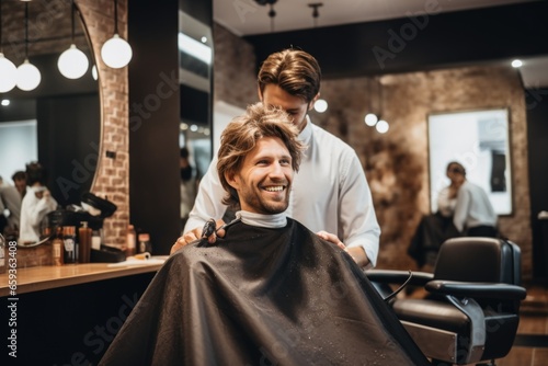 A man is pictured getting a haircut at a barber shop. This image can be used to depict grooming and personal care. 