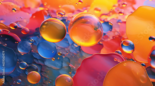 Colorful oil spheres and drops against a color intense background 