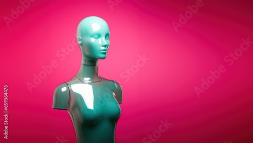 Naked female upper body mannequin sculpture made from shiny translucent turquoise color acrylic, futuristic fashion window dressing doll, minimal magenta studio background.