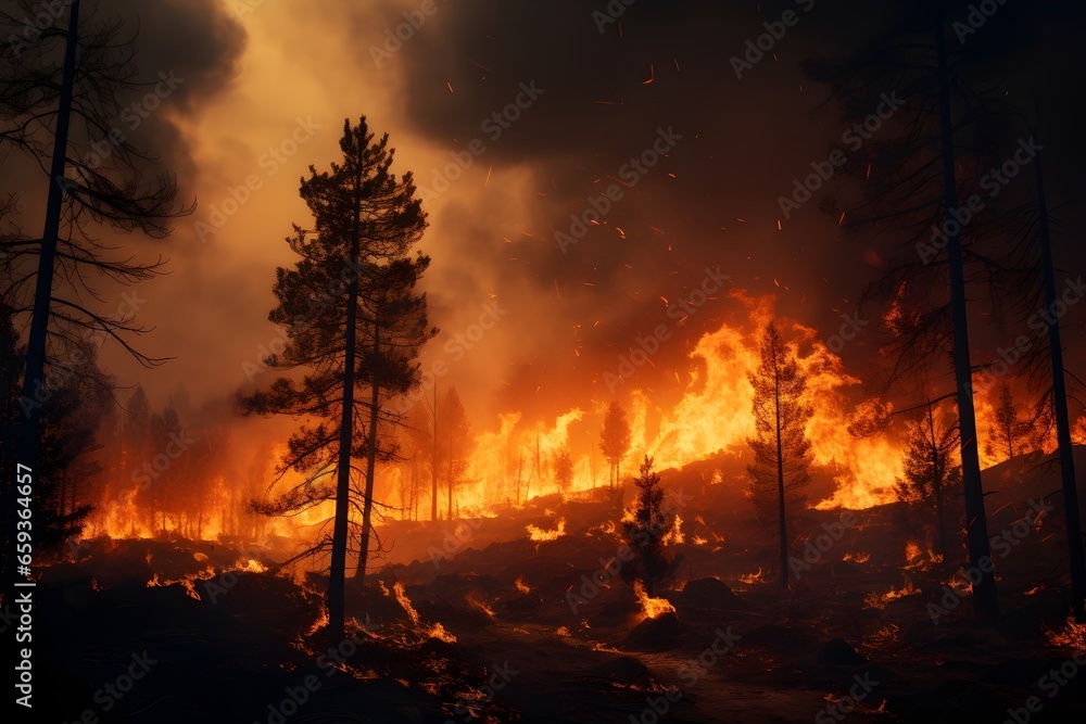 Burning forest in flames, silhouette, raging fire, Wildfire, bush or vegetation fire - obrazy, fototapety, plakaty 