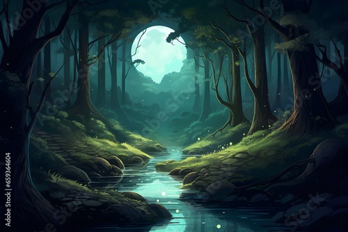Stream running through a dark moon lit forest in the night , dappled light through the trees, disney style, nostalgic feel, illustration © Mockup Lab