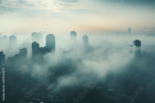 Haze covered city buildings  smoke  pollution  global warming concept  gloomy sky  clouds