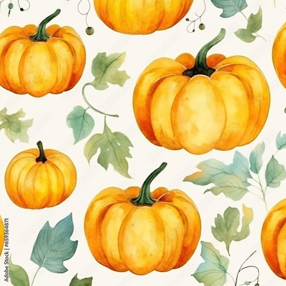 Watercolor pumpkin pattern background.