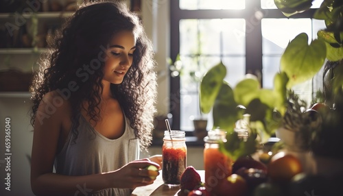 A beautiful young lady making a fruit smoothie in her kitchen with a blender, healthy lifestyle living concept, wellness