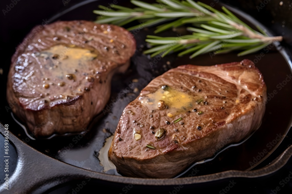 Cooked Steak seared in an iron skillet pan with butter and rosemary garnish, food photography Cooked Steak seared in an iron skillet pan with butter and rosemary garnish, food photography