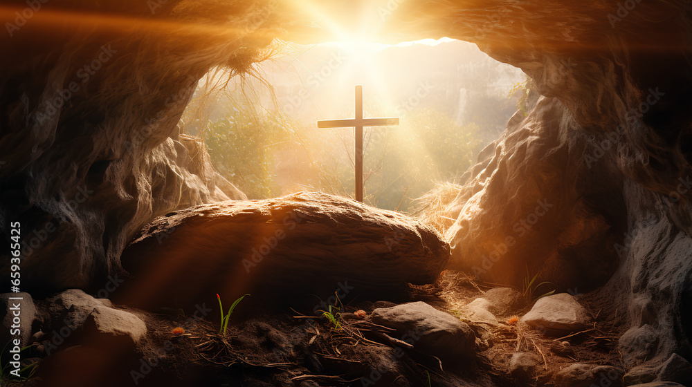 Fototapeta premium Resurrection Of Jesus Christ Concept - Empty Tomb With Cross On the end At Sunrise