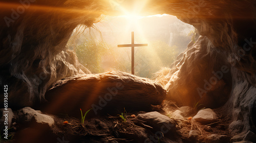 Resurrection Of Jesus Christ Concept - Empty Tomb With  Cross On the end At Sunrise photo
