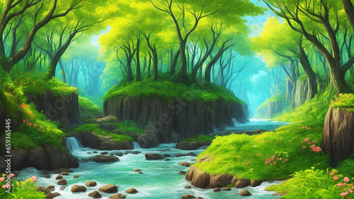village cartoon background of green meadows and  trees and mountains.ai generate photo