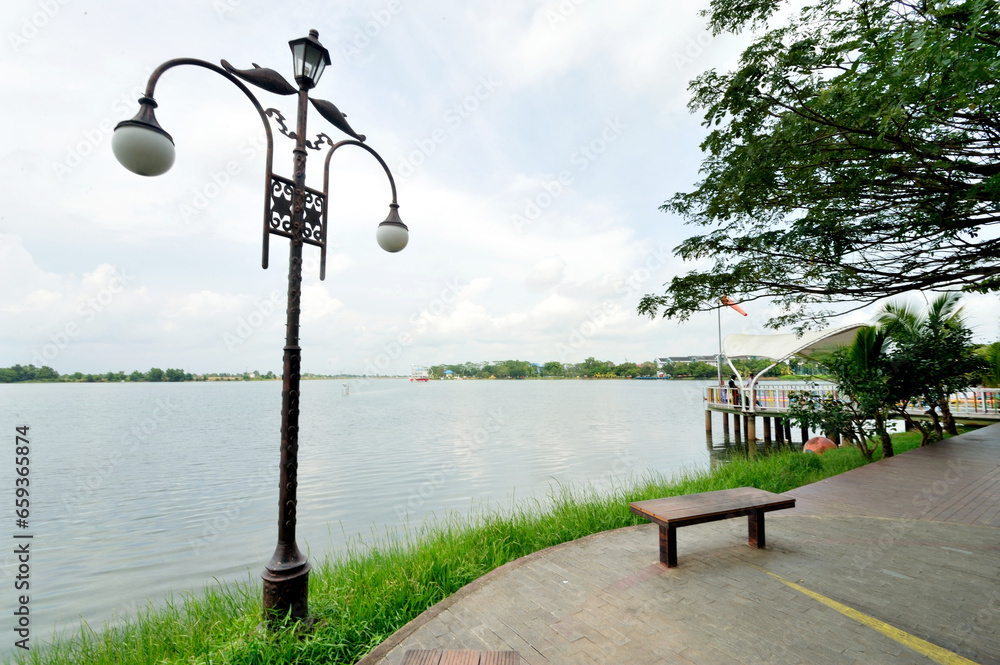 View of Jakabaring Lake. It's a man-made lake inside Jakabaring Sport Complex in Palembang, South Sumatra, Indonesia. 