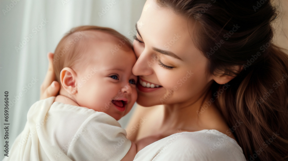 Loving mother carying of her newborn baby at home. Generative AI Loving mother carying of her newborn baby at home. Generative AI
