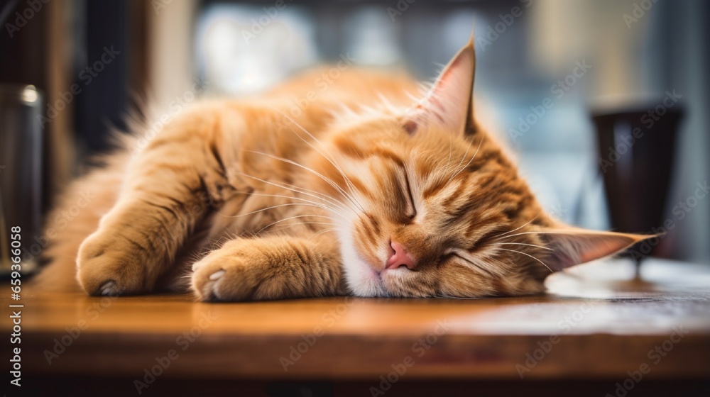 Cat, please sleep. Cat resting on a table, Happily sleeping feline.