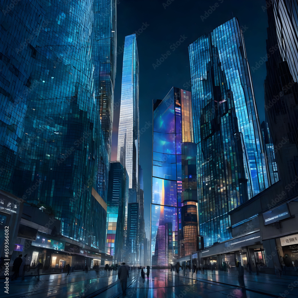 A metropolis of towering glass skyscrapers with holographic billboards that project shimmering advertisements into the night sky.
