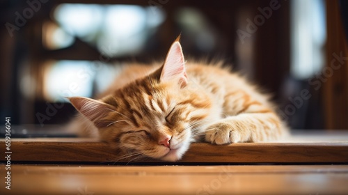 Cat, please sleep. Cat resting on a table, Happily sleeping feline. © Nazia
