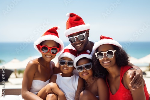 Merry Christmas. Portrait of happy family wearing Sun glasses, celebrating new year holidays together, smiling poses looking at camera. Against a backdrop of tropical beach. photo