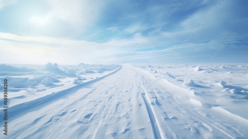 Sliding across an ice rink. The snow is drifting. a snowy country road in winter.