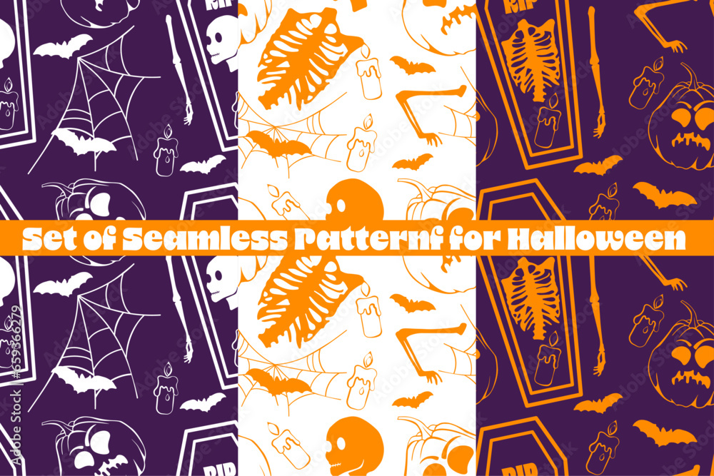 vector seamless pattern with hand drawn halloween elements and pumpkins. set of seamless patterns