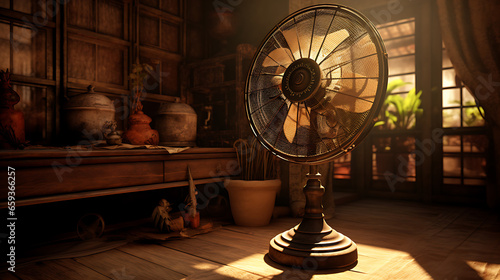 a oldest table fan in a old room, high quality, realistic photo