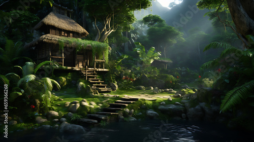 an small old house in a jungle  high quality  realistic  the house is highlight and blur other things. 