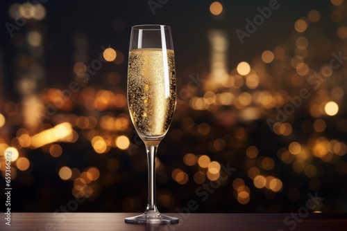 Gorgeous Christmas banner. Champagne glass on a table on a background of a celebrating city. Fireworks. Festive illumination. Merry Christmas atmosphere.