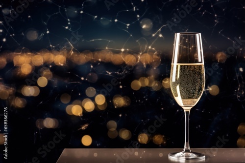 Elegance Christmas banner. Champagne glass on a table on a background of a celebrating city. Fireworks. Festive illumination. Merry Christmas atmosphere.