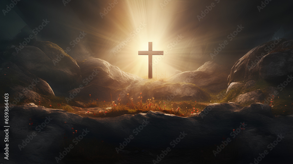 Fototapeta premium Resurrection Of Jesus Christ Concept - Empty Tomb With Three Crosses On Hill At Sunrise