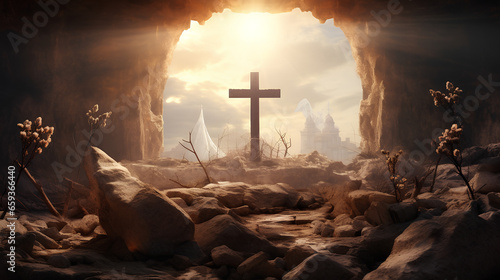 Resurrection Of Jesus Christ Concept - Empty Tomb With Three Crosses On Hill At Sunrise