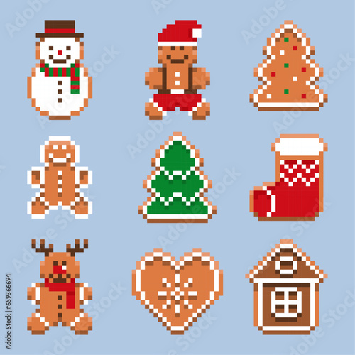 Gingerbread pixel art set. Isolated icons with Christmas tree, gingerbread, deer, sock, snowman and house in 16-bit old style. Vector illustration of New Year cookies.